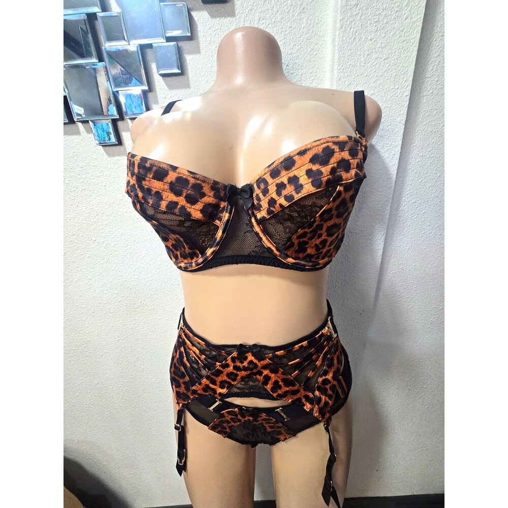 Honey Birdette Leopard Print Lace Underwired Balconette Bra Set 32DD Black/Brown
